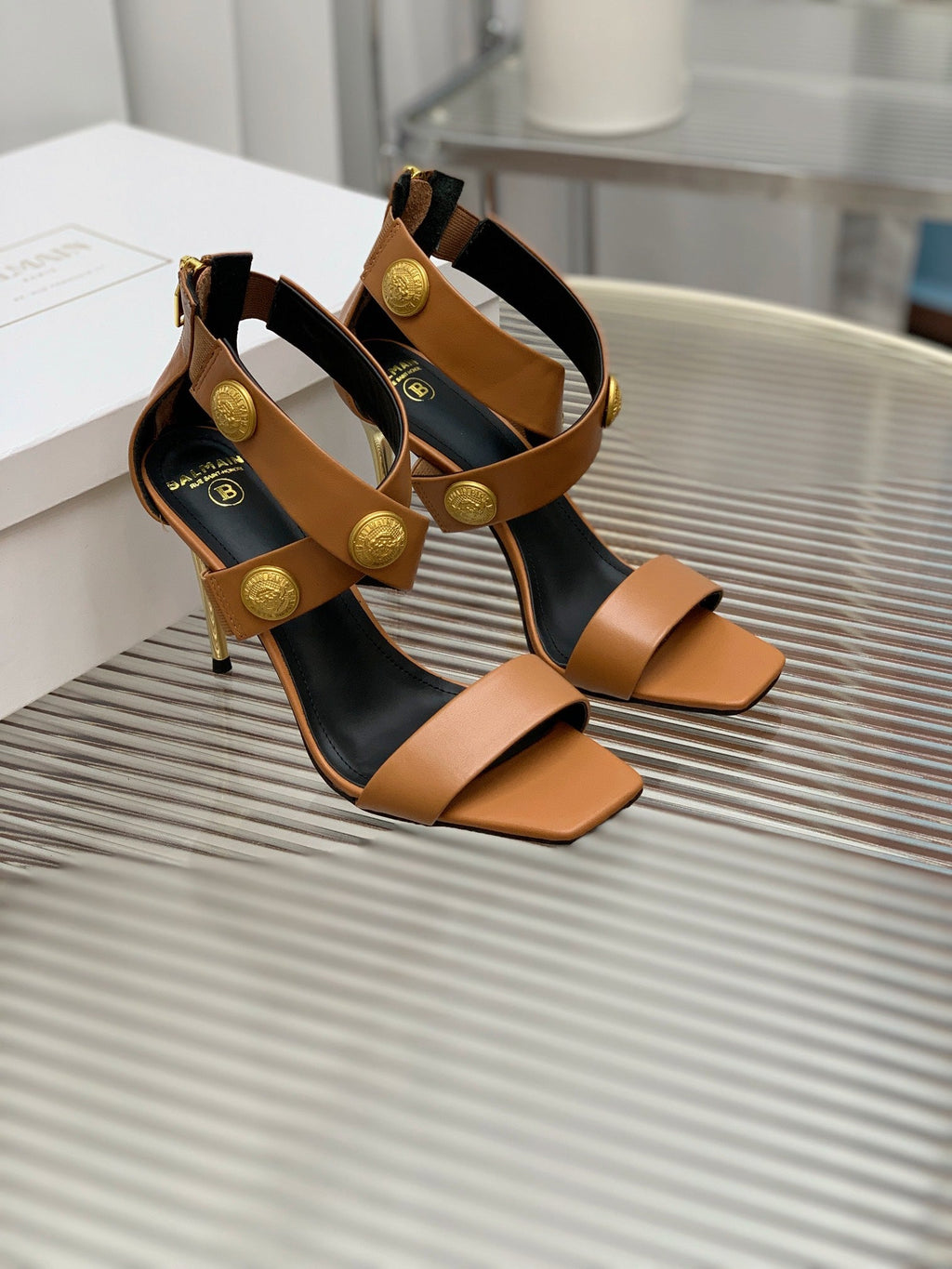 BALMAIN 25S CROSSOVER STRAP HIGH HEELS 95MM IN BROWN CALFSKIN