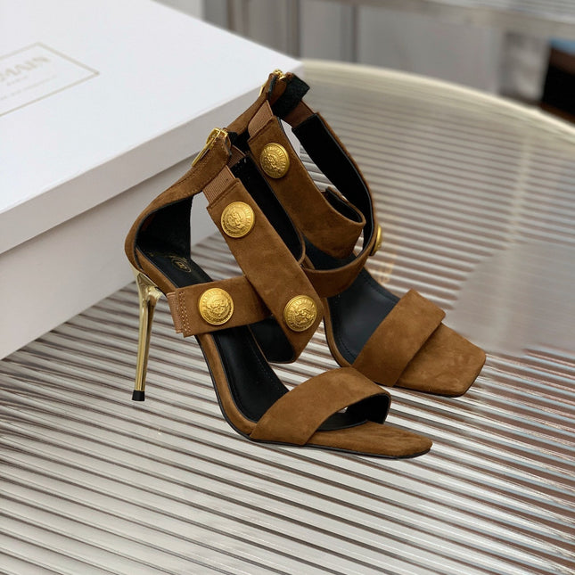 BALMAIN 25S CROSSOVER STRAP HIGH HEELS 95MM IN BROWN SUEDE