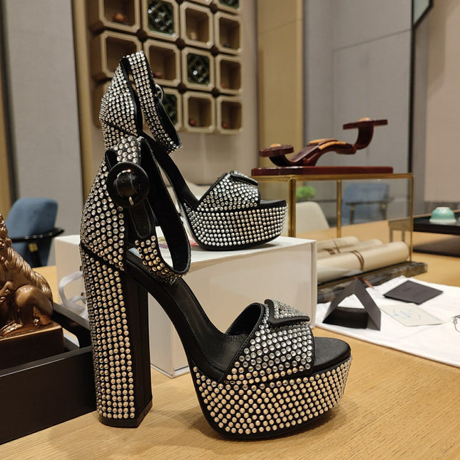 PRADA 26S RHINESTONE PLATFORM ANKLE STRAP SANDALS 135MM IN BLACK SATIN