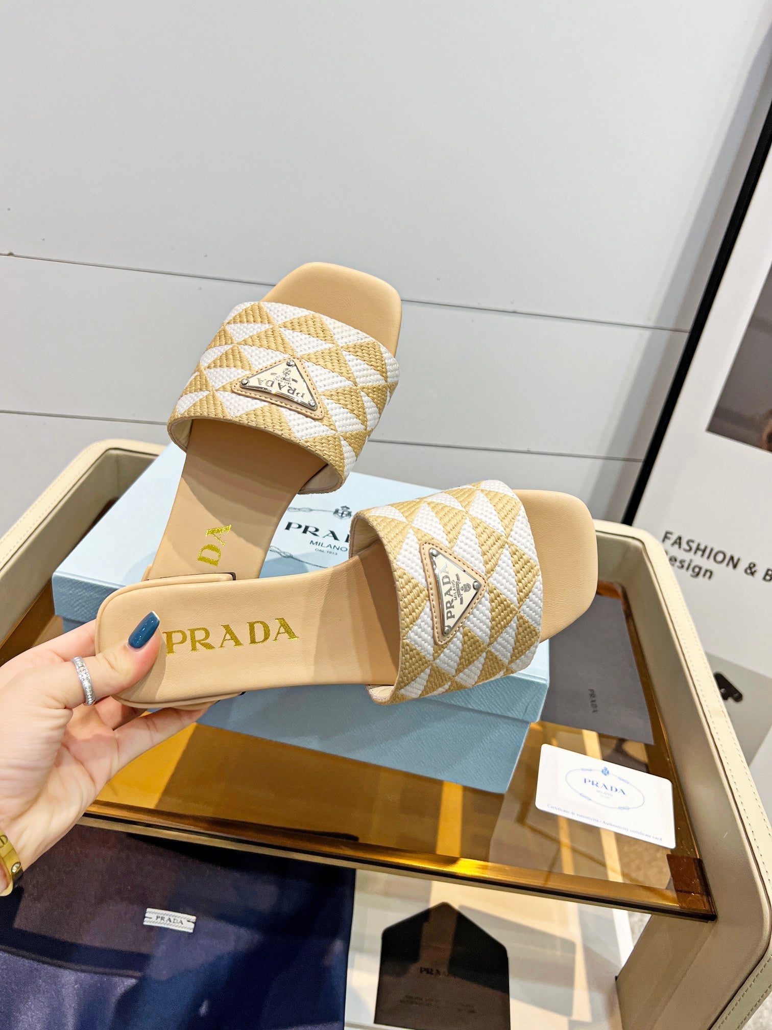 PRA EMBROIDERED SLIDES FLAT BEIGE FABRIC