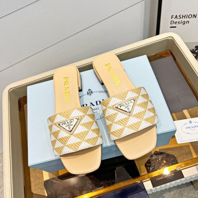 PRA EMBROIDERED SLIDES FLAT BEIGE FABRIC