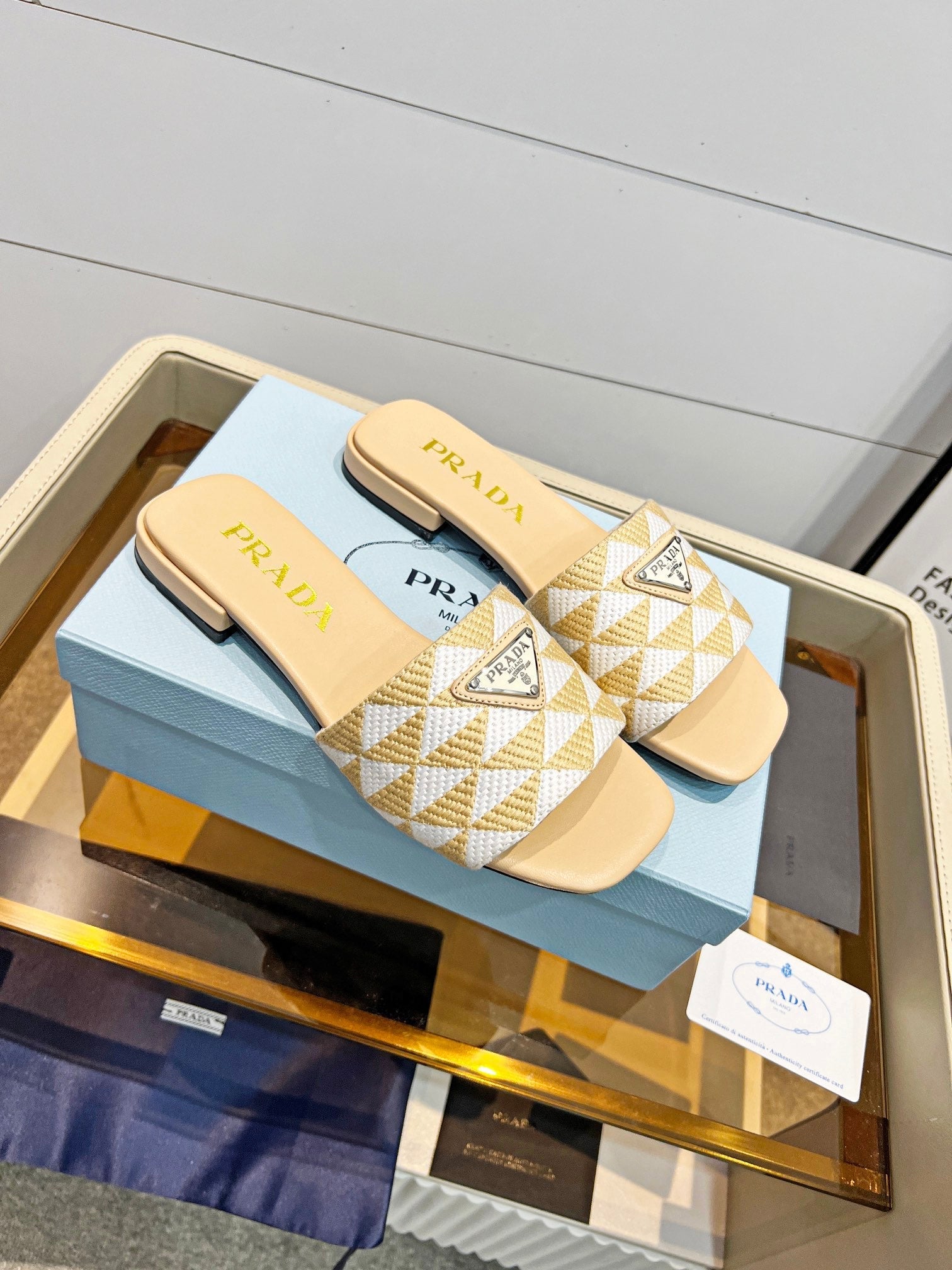 PRA EMBROIDERED SLIDES FLAT BEIGE FABRIC