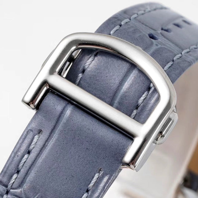 PASHA DE CARTIER WATCH SILVER CASE WITH STONE BLUE LEATHER STRAP