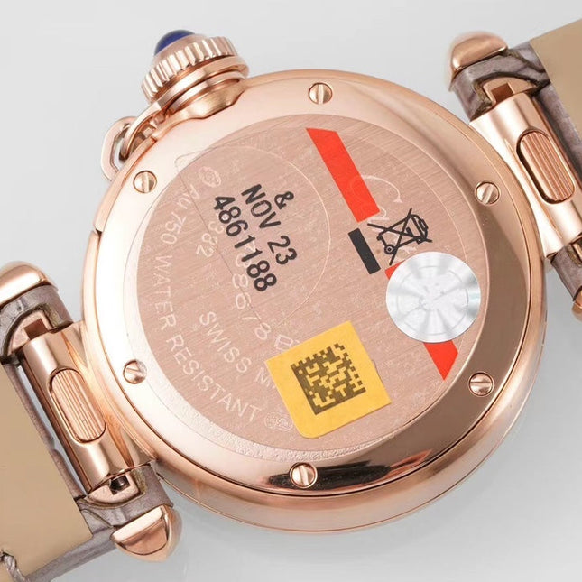 PASHA DE CARTIER WATCH ROSE GOLD CASE WITH CRYSTALS AND ROSE BROWN LEATHER STRAP