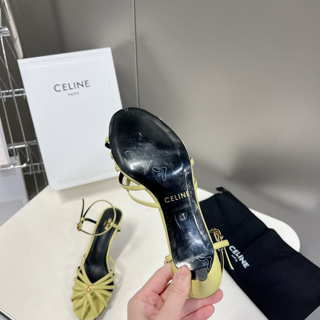 CELINE 26S KNOT STRAPPY SANDALS 60MM IN LIME YELLOW GREEN CALFSKIN