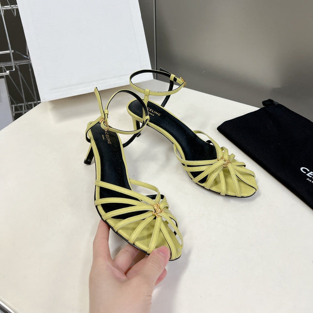 CELINE 26S KNOT STRAPPY SANDALS 60MM IN LIME YELLOW GREEN CALFSKIN