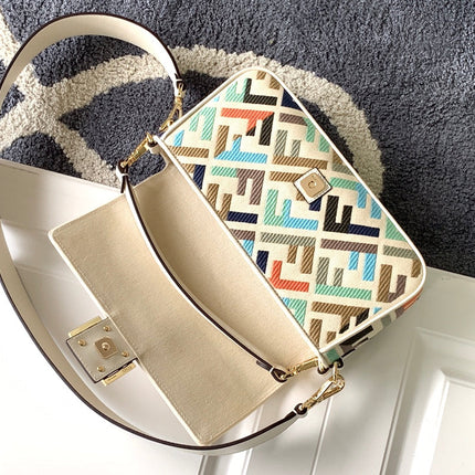 Fend Baguette White and Multicolour Canvas Bag 27 with FF Embroidery Ghw