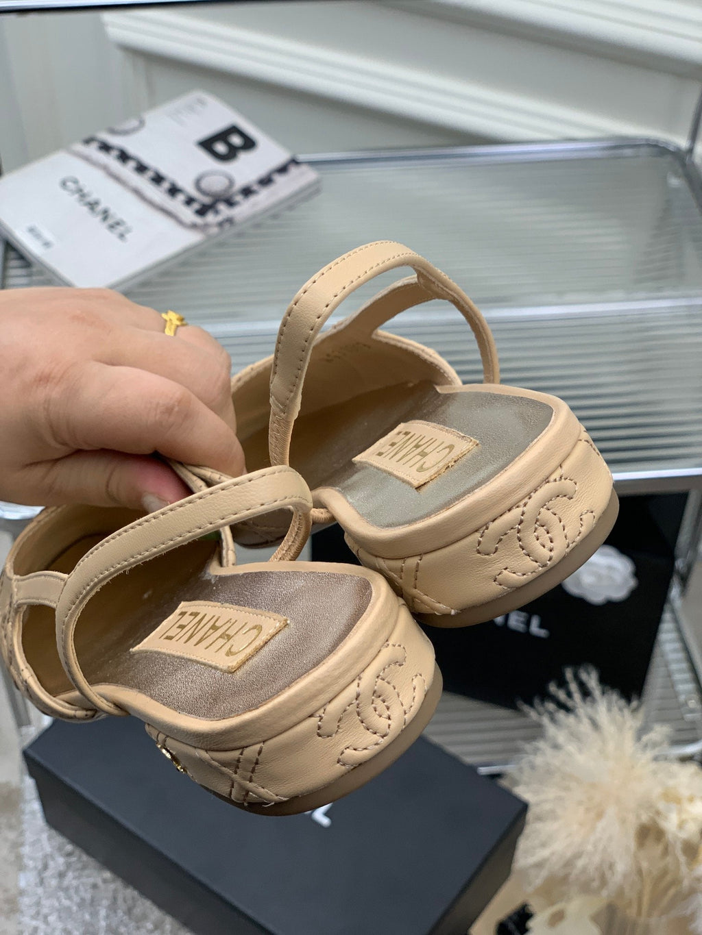 SLINGBACKS 20 BEIGE CREAM MIX BLACK CALFSKIN
