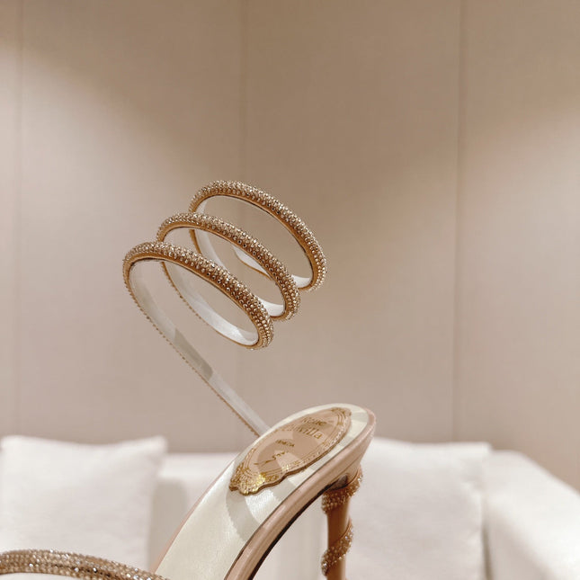 RENE CAOVILLA HIGH HEELS 95MM IN LIGHT PINK CRYSTAL STRAP