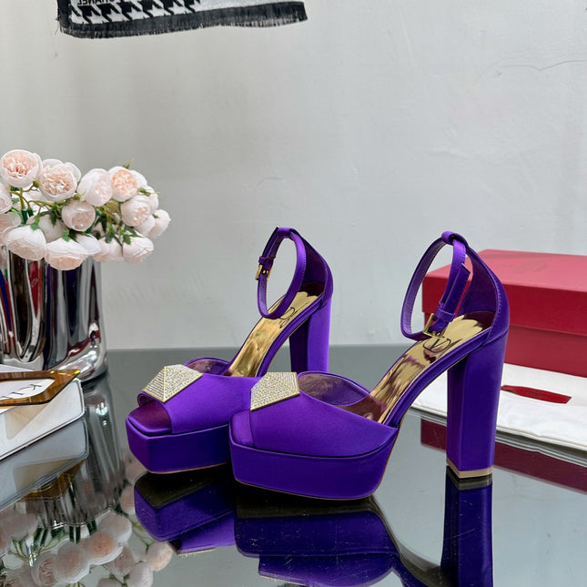 VALENTINO GARAVANI ONE STUD PLATFORM 155MM SANDAL IN PURPLE SATIN