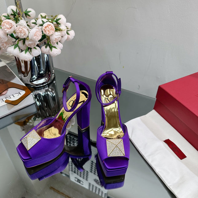 VALENTINO GARAVANI ONE STUD PLATFORM 155MM SANDAL IN PURPLE SATIN