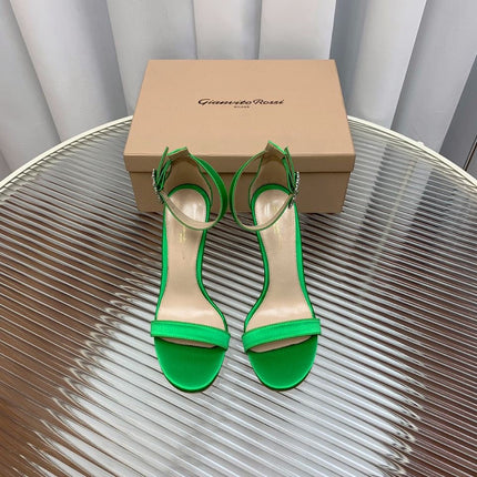 GIANVITO ROSSI 26S HIGH HEEL SANDALS 105 MM IN GREEN FABRIC WITH CRYSTAL BUCKLE