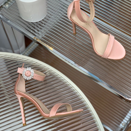 GIANVITO ROSSI 26S HIGH HEEL SANDALS 105 MM IN PASTEL PINK FABRIC WITH CRYSTAL BUCKLE