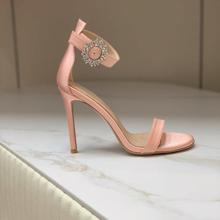GIANVITO ROSSI 26S HIGH HEEL SANDALS 105 MM IN PASTEL PINK FABRIC WITH CRYSTAL BUCKLE