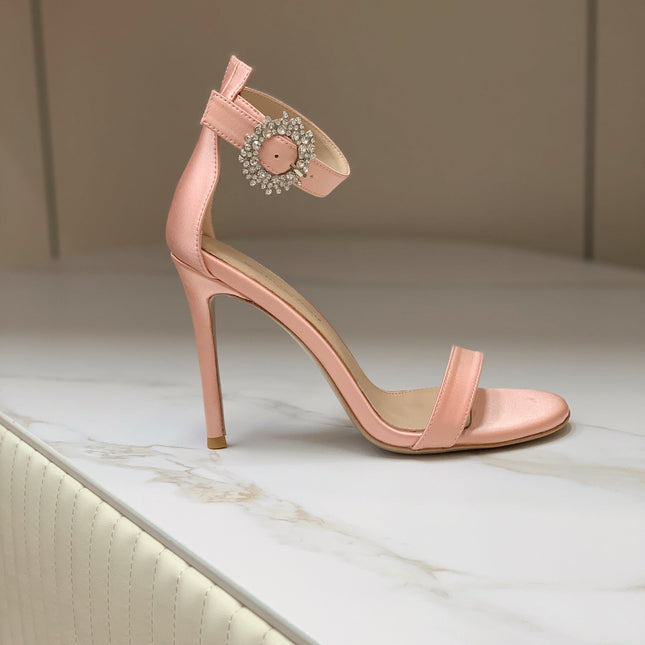 GIANVITO ROSSI 26S HIGH HEEL SANDALS 105 MM IN PASTEL PINK FABRIC WITH CRYSTAL BUCKLE