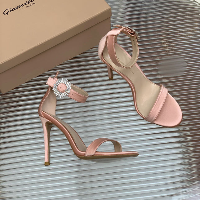 GIANVITO ROSSI 26S HIGH HEEL SANDALS 105 MM IN PASTEL PINK FABRIC WITH CRYSTAL BUCKLE