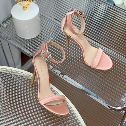GIANVITO ROSSI 26S HIGH HEEL SANDALS 105 MM IN PASTEL PINK FABRIC WITH CRYSTAL BUCKLE