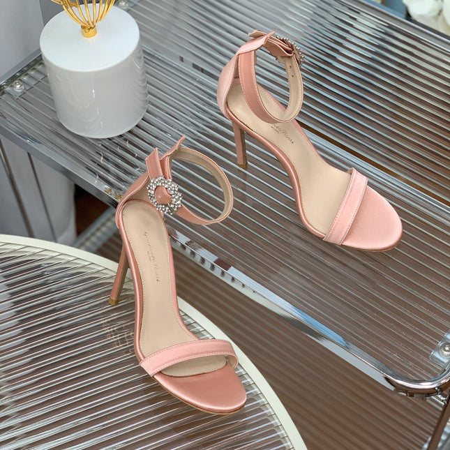 GIANVITO ROSSI 26S HIGH HEEL SANDALS 105 MM IN PASTEL PINK FABRIC WITH CRYSTAL BUCKLE