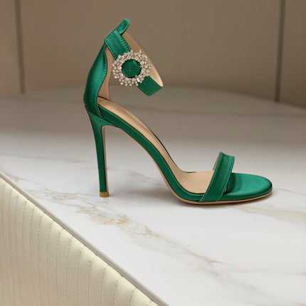 GIANVITO ROSSI 26S HIGH HEEL SANDALS 105 MM IN GREEN FABRIC WITH CRYSTAL BUCKLE
