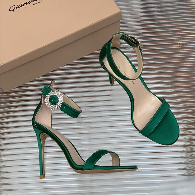 GIANVITO ROSSI 26S HIGH HEEL SANDALS 105 MM IN GREEN FABRIC WITH CRYSTAL BUCKLE