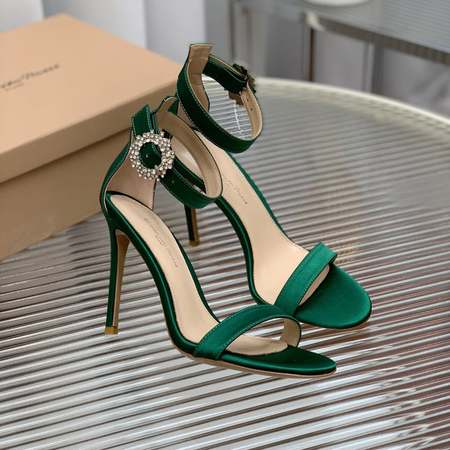 GIANVITO ROSSI 26S HIGH HEEL SANDALS 105 MM IN GREEN FABRIC WITH CRYSTAL BUCKLE