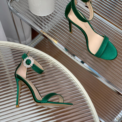 GIANVITO ROSSI 26S HIGH HEEL SANDALS 105 MM IN GREEN FABRIC WITH CRYSTAL BUCKLE