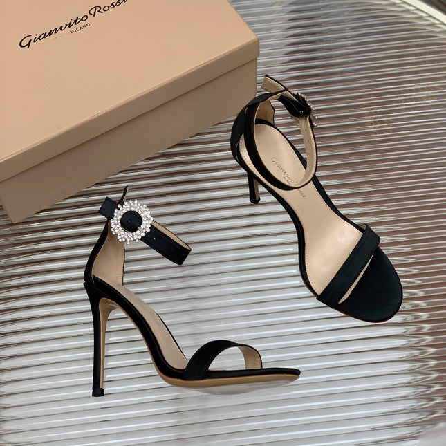 GIANVITO ROSSI 26S HIGH HEEL SANDALS 105 MM IN BLACK FABRIC WITH CRYSTAL BUCKLE