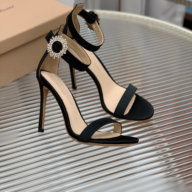 GIANVITO ROSSI 26S HIGH HEEL SANDALS 105 MM IN BLACK FABRIC WITH CRYSTAL BUCKLE