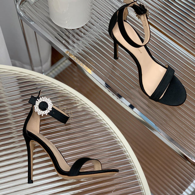 GIANVITO ROSSI 26S HIGH HEEL SANDALS 105 MM IN BLACK FABRIC WITH CRYSTAL BUCKLE