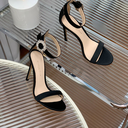 GIANVITO ROSSI 26S HIGH HEEL SANDALS 105 MM IN BLACK FABRIC WITH CRYSTAL BUCKLE
