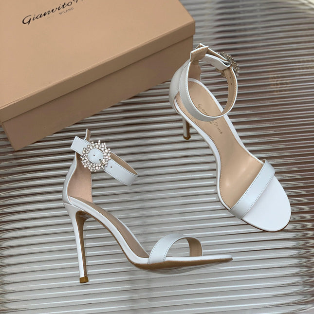 GIANVITO ROSSI 26S HIGH HEEL SANDALS 105 MM IN WHITE LAMBSKIN WITH CRYSTAL BUCKLE