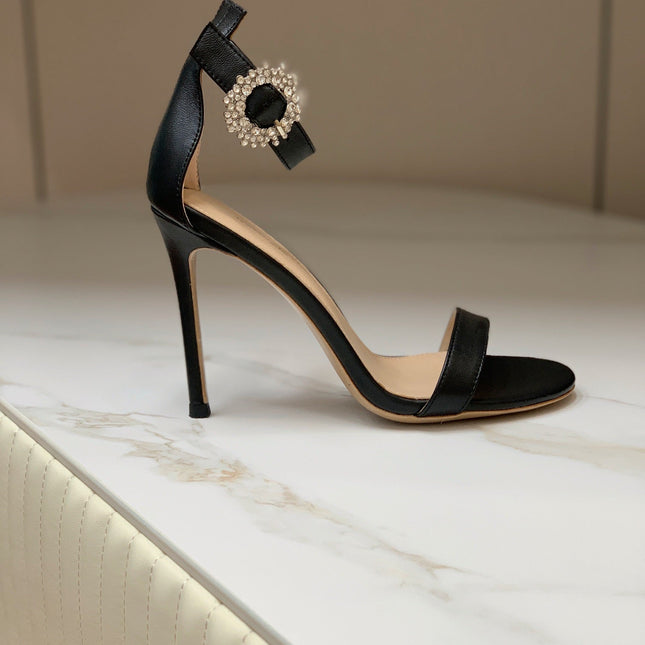 GIANVITO ROSSI 26S HIGH HEEL SANDALS 105 MM IN BLACK LAMBSKIN WITH CRYSTAL BUCKLE