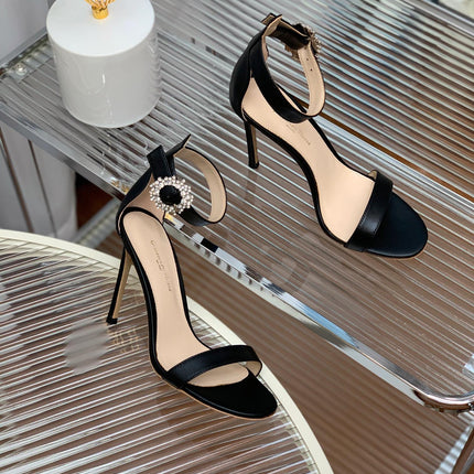 GIANVITO ROSSI 26S HIGH HEEL SANDALS 105 MM IN BLACK LAMBSKIN WITH CRYSTAL BUCKLE