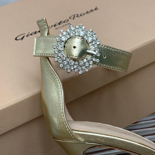 GIANVITO ROSSI 26S HIGH HEEL SANDALS 105 MM IN METALLIC GOLD LAMBSKIN WITH CRYSTAL BUCKLE