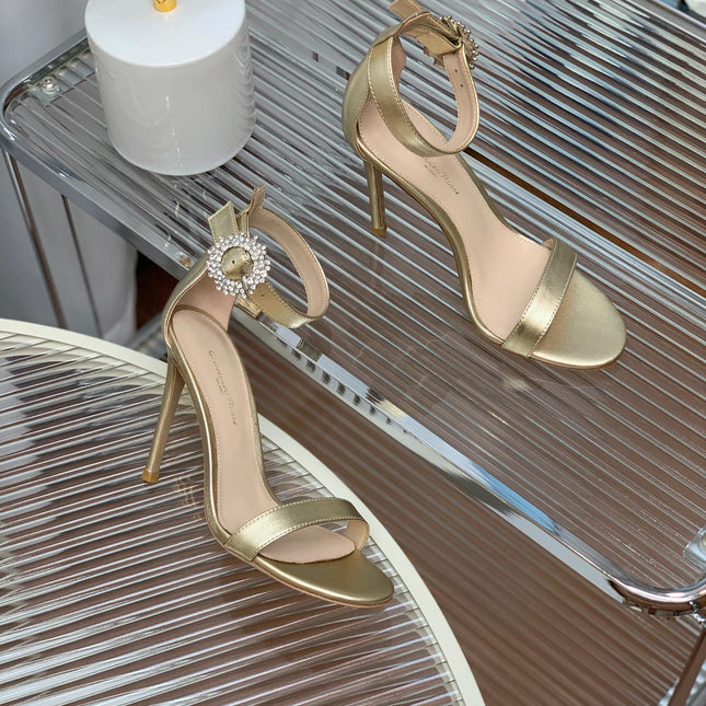 GIANVITO ROSSI 26S HIGH HEEL SANDALS 105 MM IN METALLIC GOLD LAMBSKIN WITH CRYSTAL BUCKLE