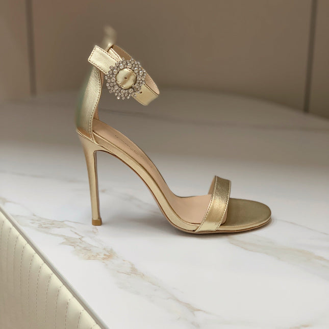 GIANVITO ROSSI 26S HIGH HEEL SANDALS 105 MM IN METALLIC GOLD LAMBSKIN WITH CRYSTAL BUCKLE