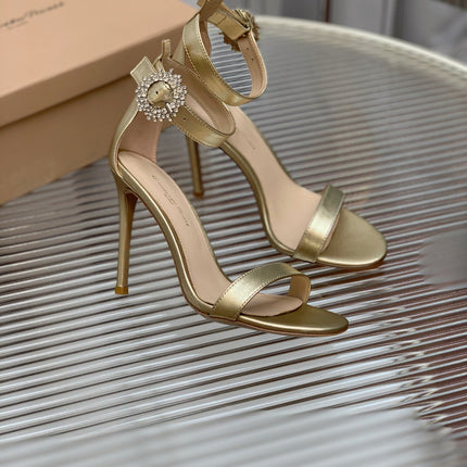 GIANVITO ROSSI 26S HIGH HEEL SANDALS 105 MM IN METALLIC GOLD LAMBSKIN WITH CRYSTAL BUCKLE