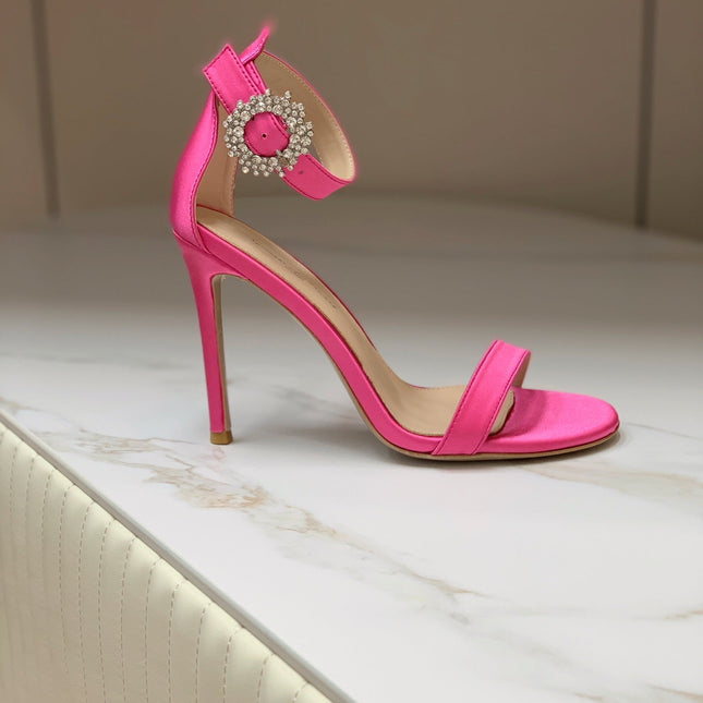GIANVITO ROSSI 26S HIGH HEEL SANDALS 105 MM IN DARK PINK FABRIC WITH CRYSTAL BUCKLE