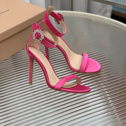 GIANVITO ROSSI 26S HIGH HEEL SANDALS 105 MM IN DARK PINK FABRIC WITH CRYSTAL BUCKLE