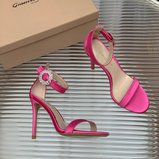 GIANVITO ROSSI 26S HIGH HEEL SANDALS 105 MM IN DARK PINK FABRIC WITH CRYSTAL BUCKLE