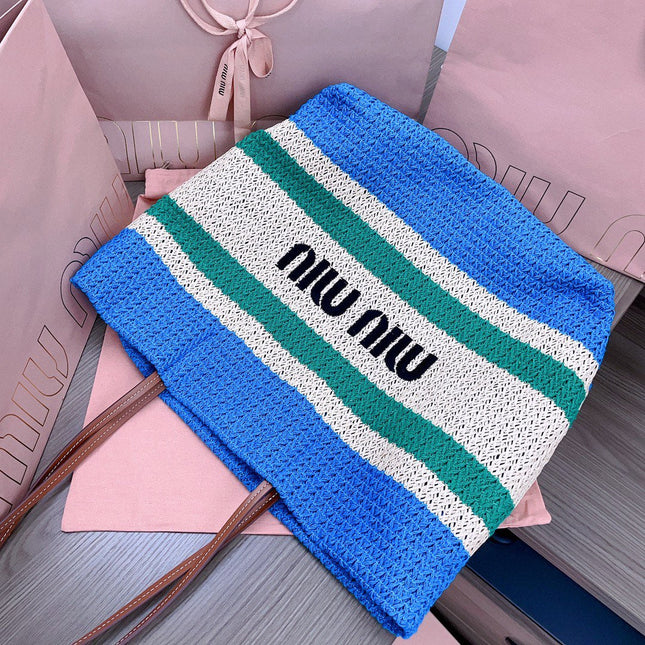 TOTE BAG 40 IN STRIPED PATTERN OF BLUE GREEN AND CREAM WHITE WOVEN RAFFIA