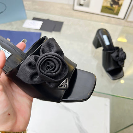PRA FLOWER BLOCK HEELS 75 BLACK CALFSKIN
