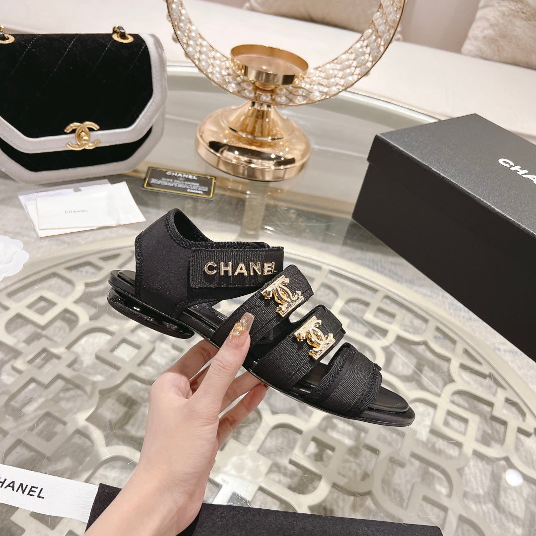 Double C  Xiaoxiang Chain Fabric Head Chunky Sandal Black Lambskin