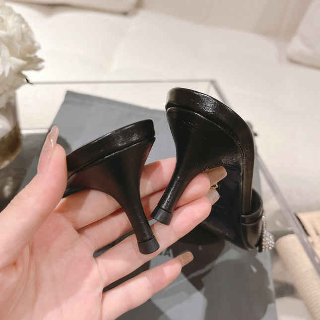 BALENCIAGA 25S HIGH-HEEL SANDALS IN BLACK COW LEATHER WITH RHINESTONE STRAP