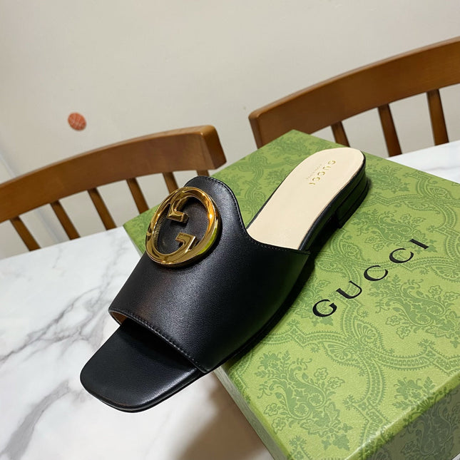 GUCCI 26S BLONDIE SLIPPERS IN BLACK CALFSKIN