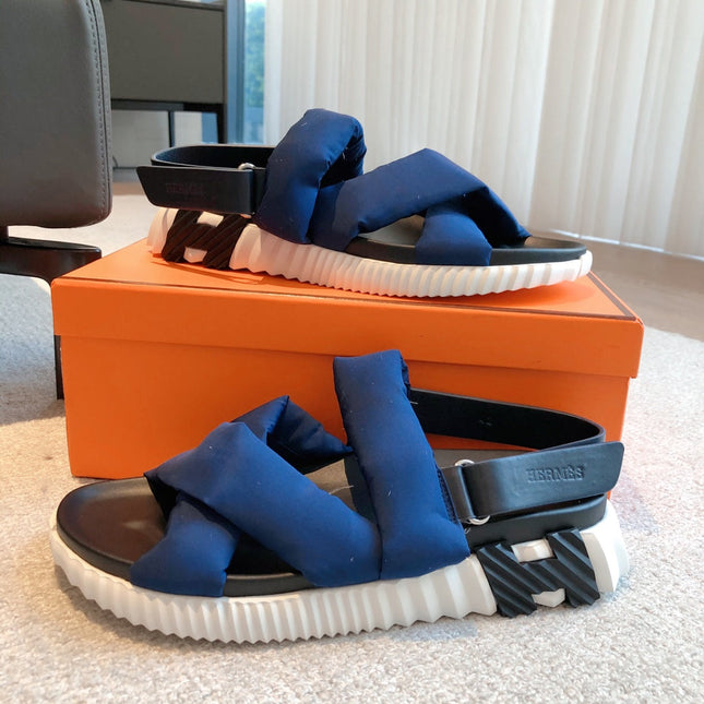HM ELECTRIC SANDAL COBALT FABRIC AND CALFSKIN