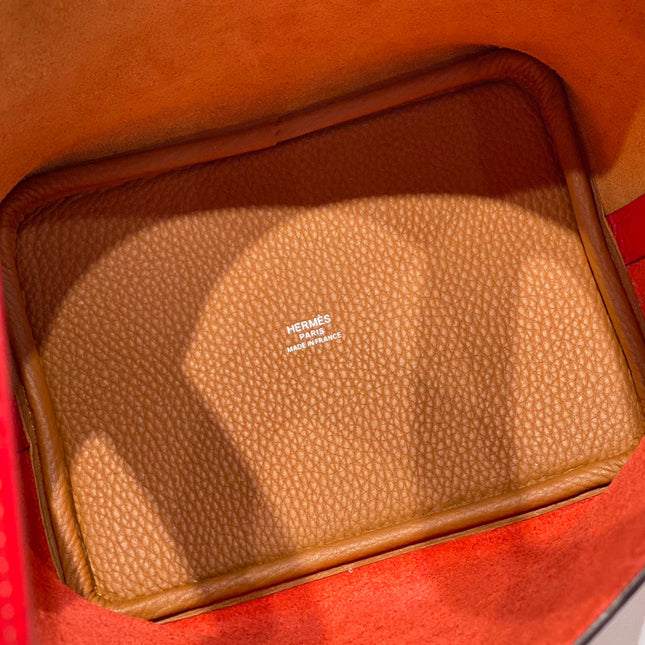 HERMES 25S PICOTIN LOCK 18 IN GOLDEN BROWN AND RED CALFSKIN SILVER HARDWARE