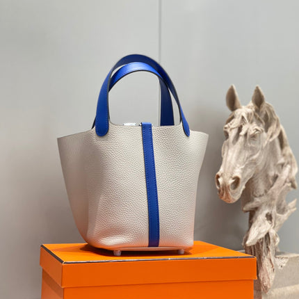 HERMES 25S PICOTIN LOCK 18 IN PEARL GRAY AND ELECTRIC BLUE CALFSKIN SILVER HARDWARE
