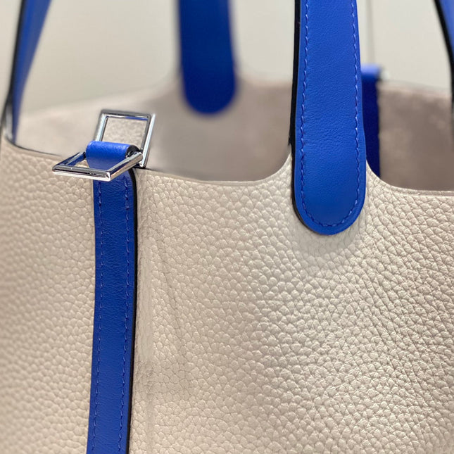 HERMES 25S PICOTIN LOCK 18 IN PEARL GRAY AND ELECTRIC BLUE CALFSKIN SILVER HARDWARE