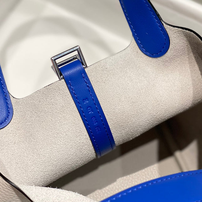HERMES 25S PICOTIN LOCK 18 IN PEARL GRAY AND ELECTRIC BLUE CALFSKIN SILVER HARDWARE